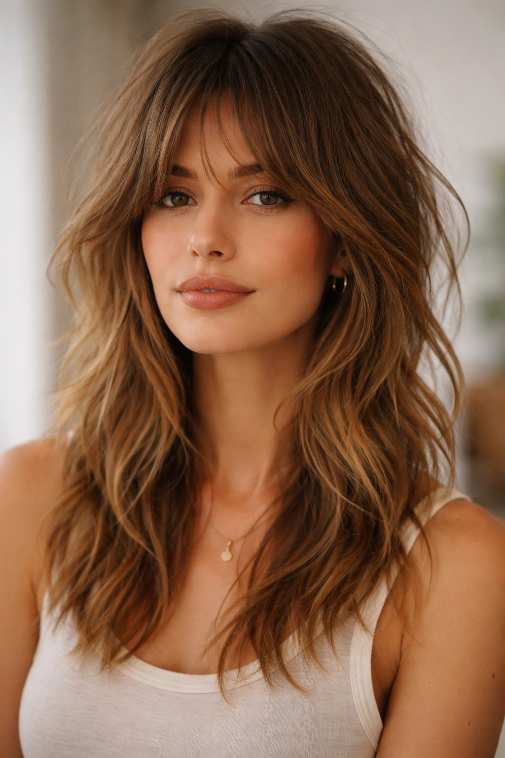 Close-up portrait of a tousled layers shag with soft, undone texture