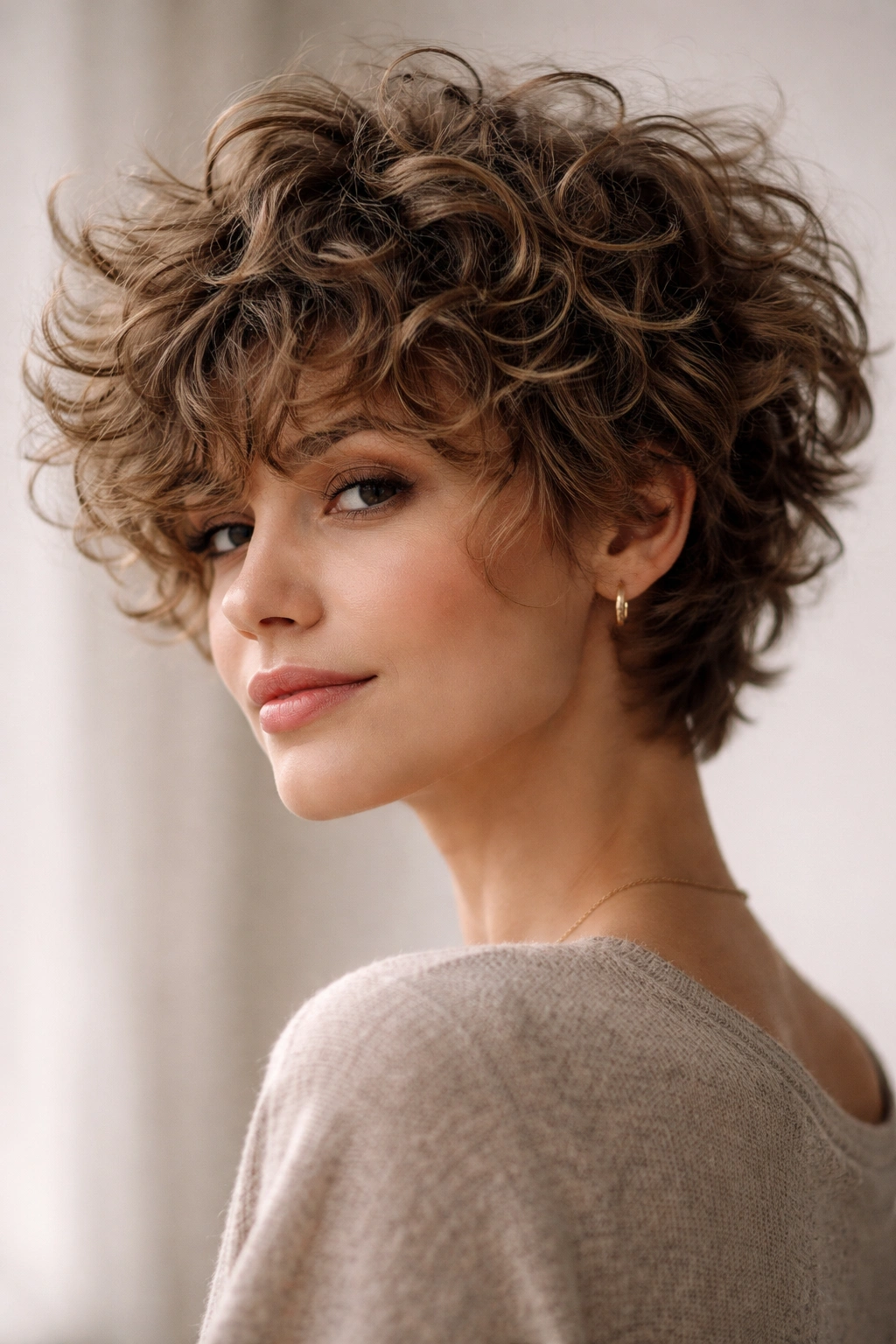 Rounded, voluminous tousled mop top with layered curls