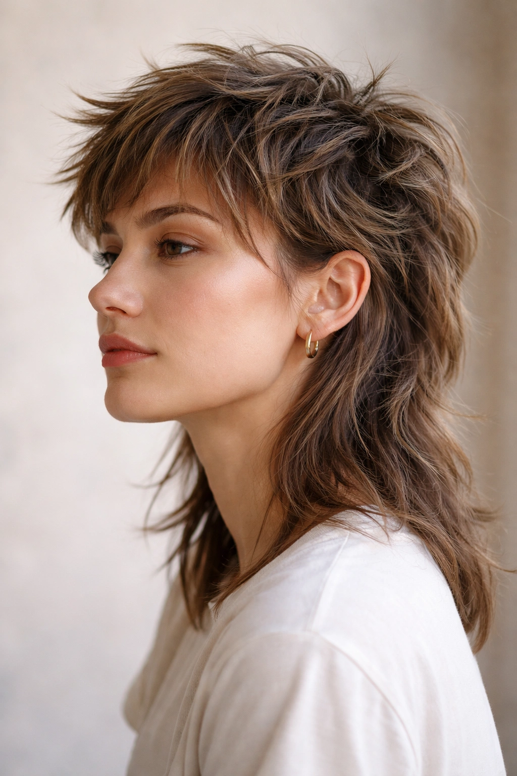 Three-quarter portrait of a person with a tousled mullet showing short top and long back