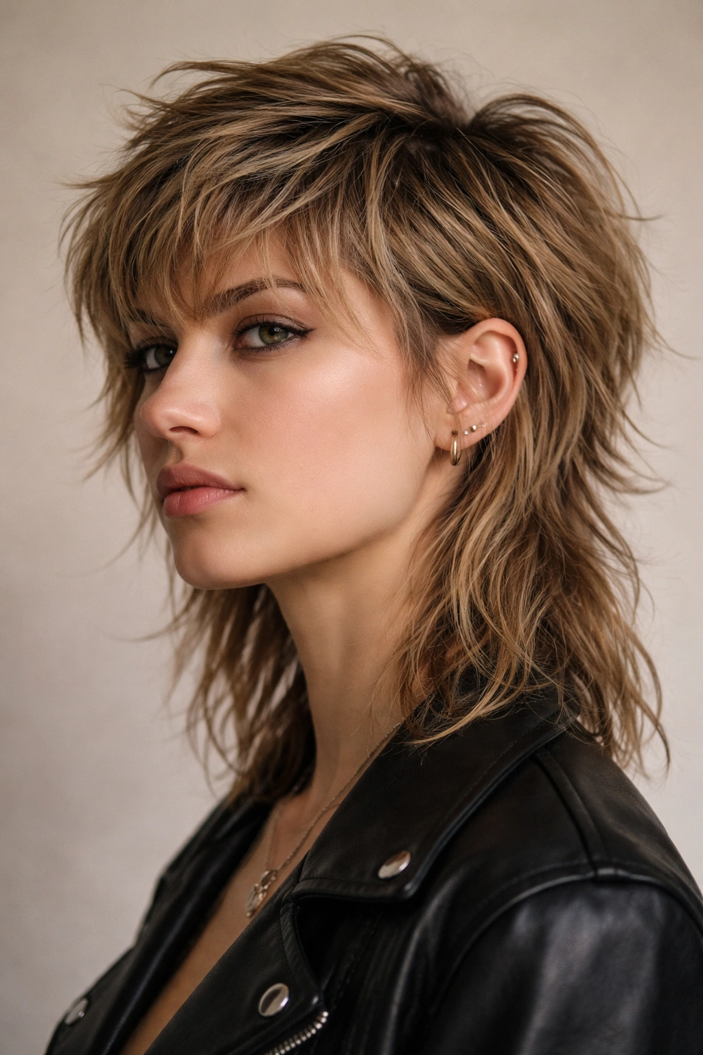 Close-up of a model with a modern tousled mullet showing short top and longer back