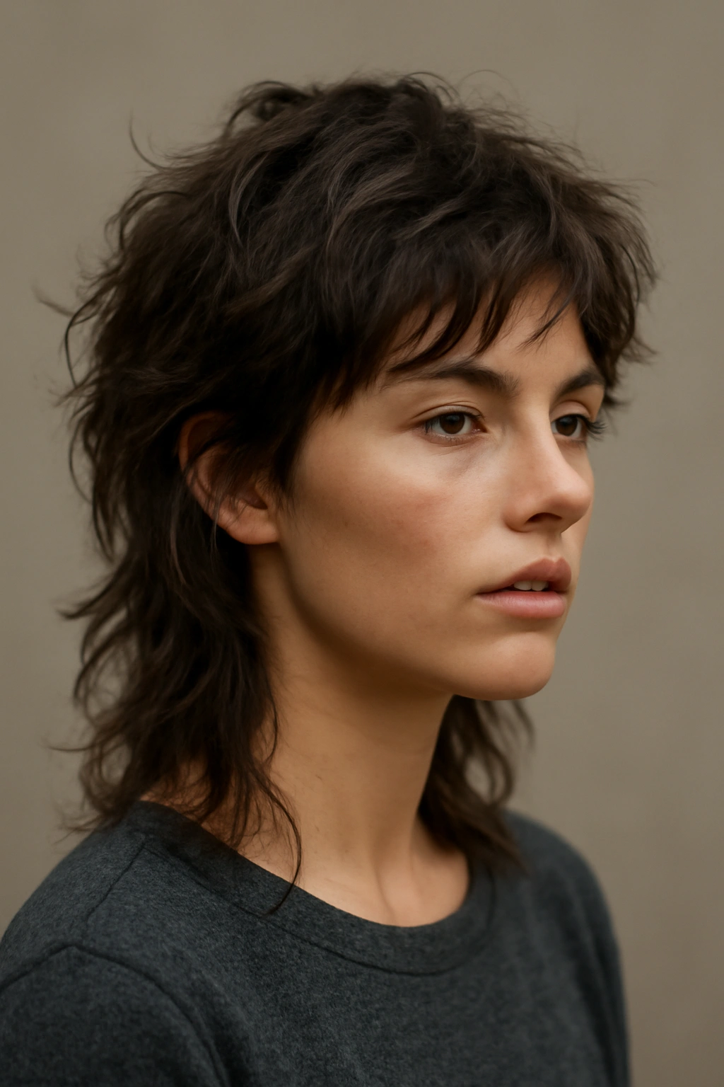Casual tousled mullet with textured waves in a studio portrait