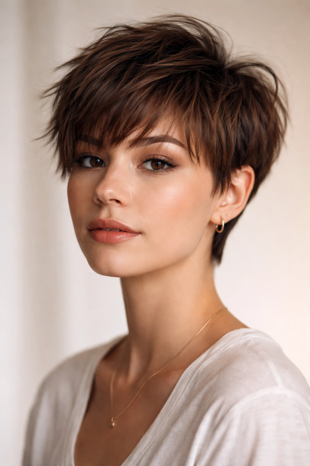 Close-up portrait of a person with a tousled pixie cut and choppy longer bangs