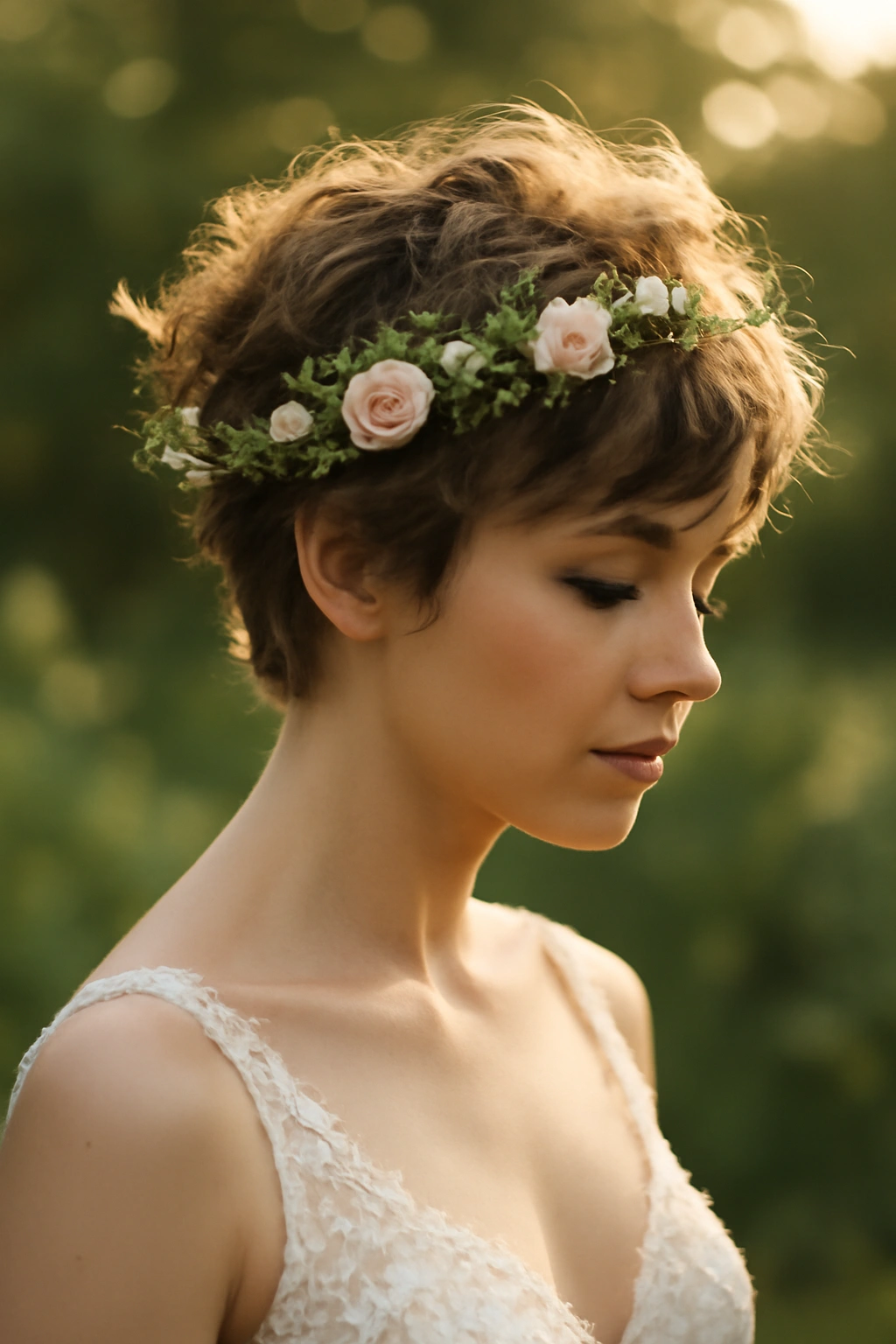 Pixie with tousled bedhead and floral crown in a garden setting