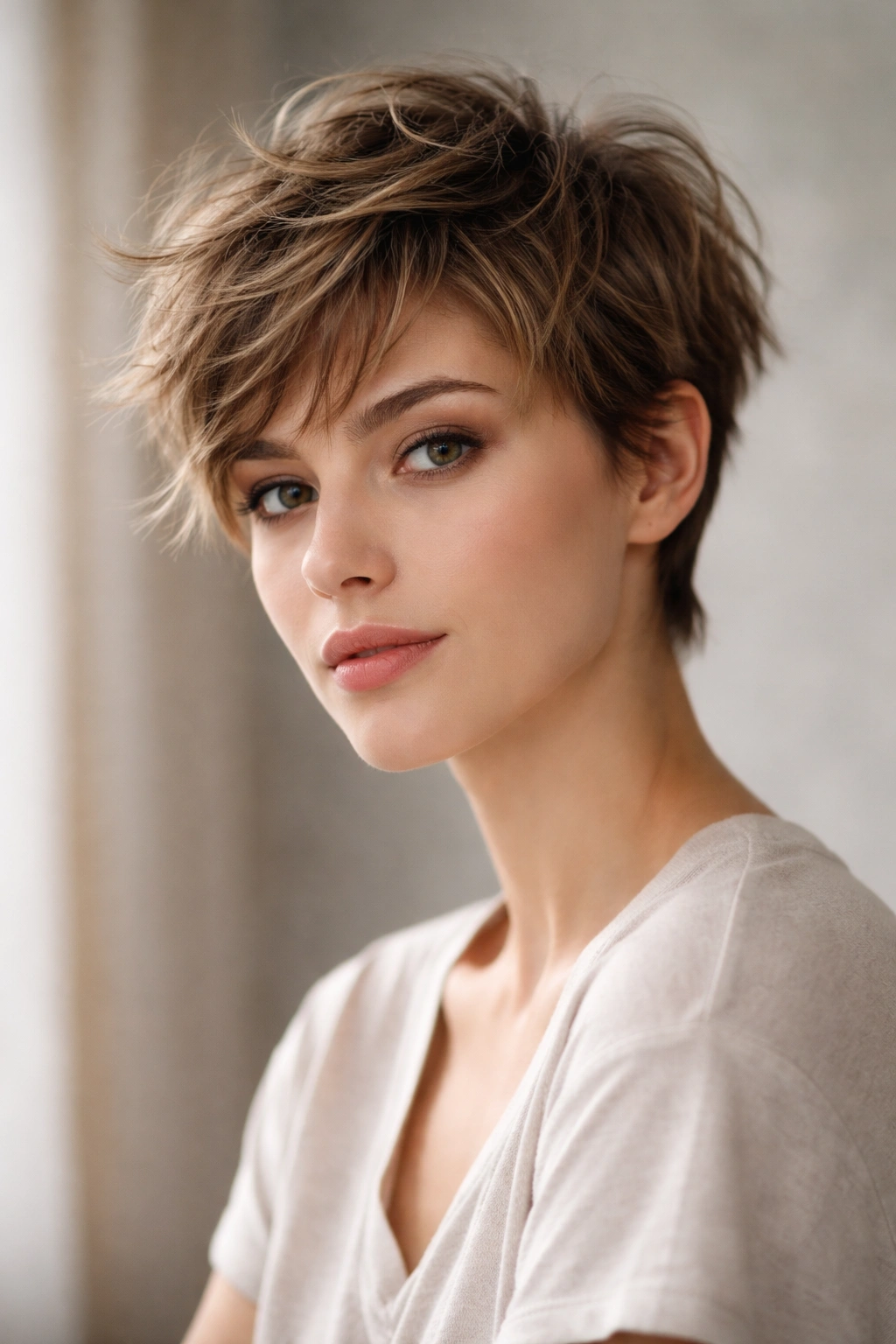 Model with tousled pixie showing textured layers and undone style on an oval face