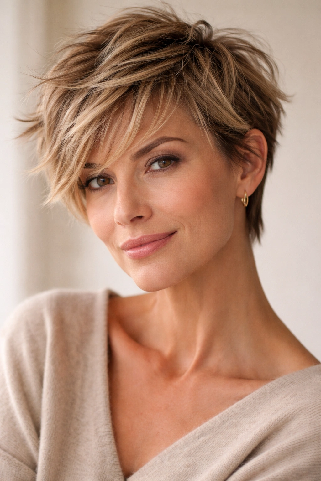 Portrait of a tousled, piece-y pixie with textured layers