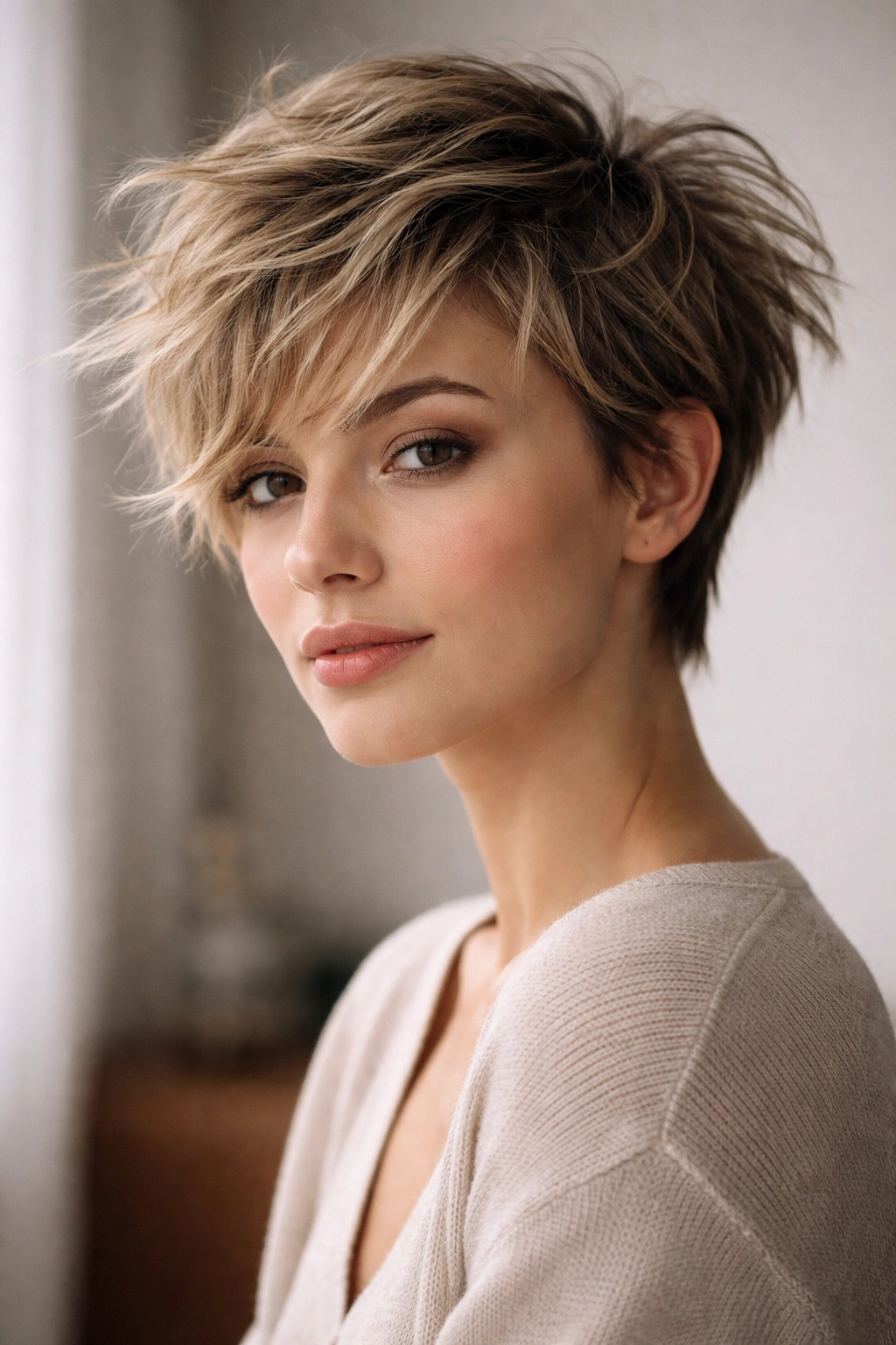 Close-up portrait of a person with a tousled pixie cut showing texture and natural movement.