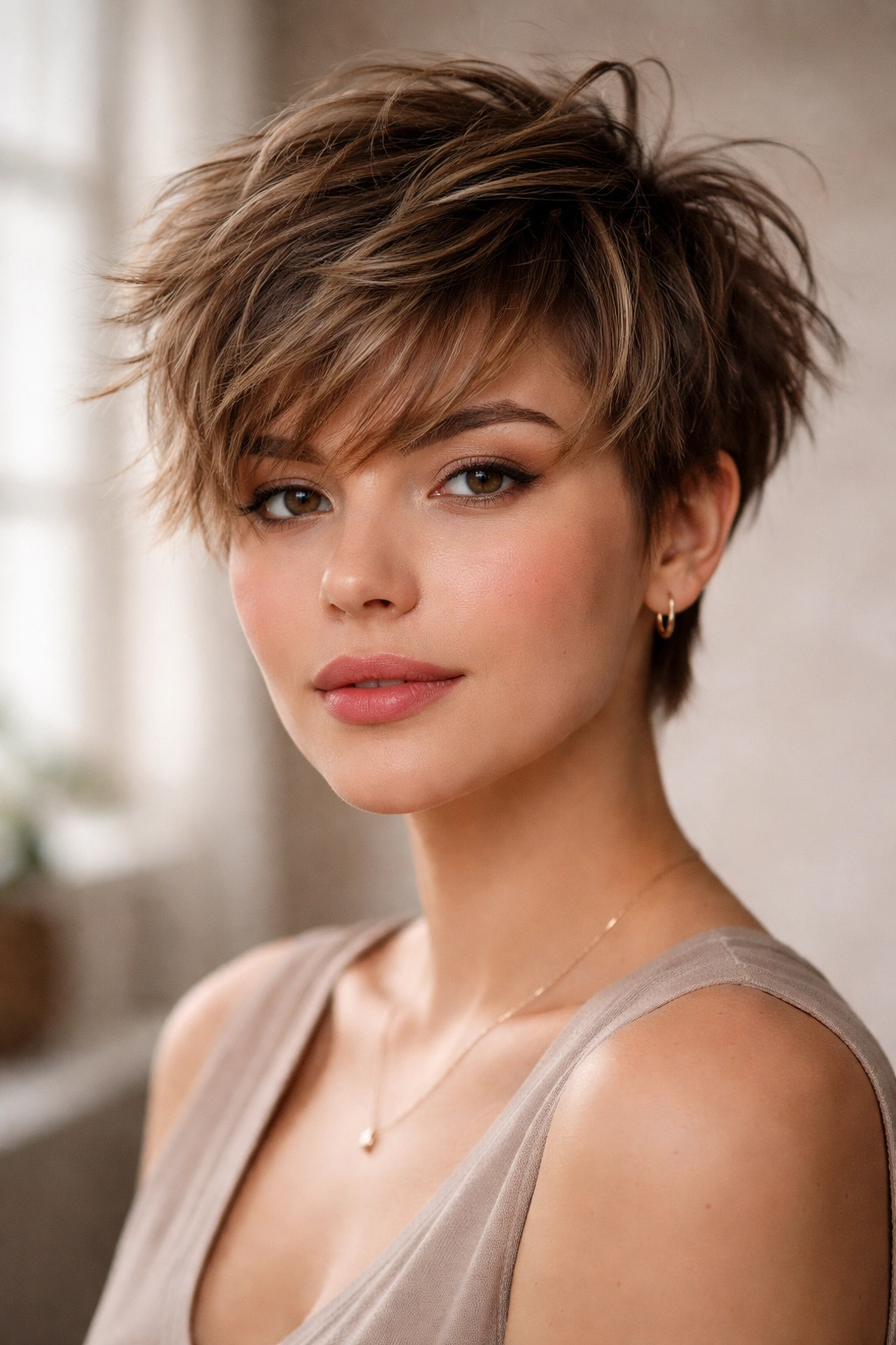Close-up of a model with a tousled textured pixie showing choppy layers and bedhead texture