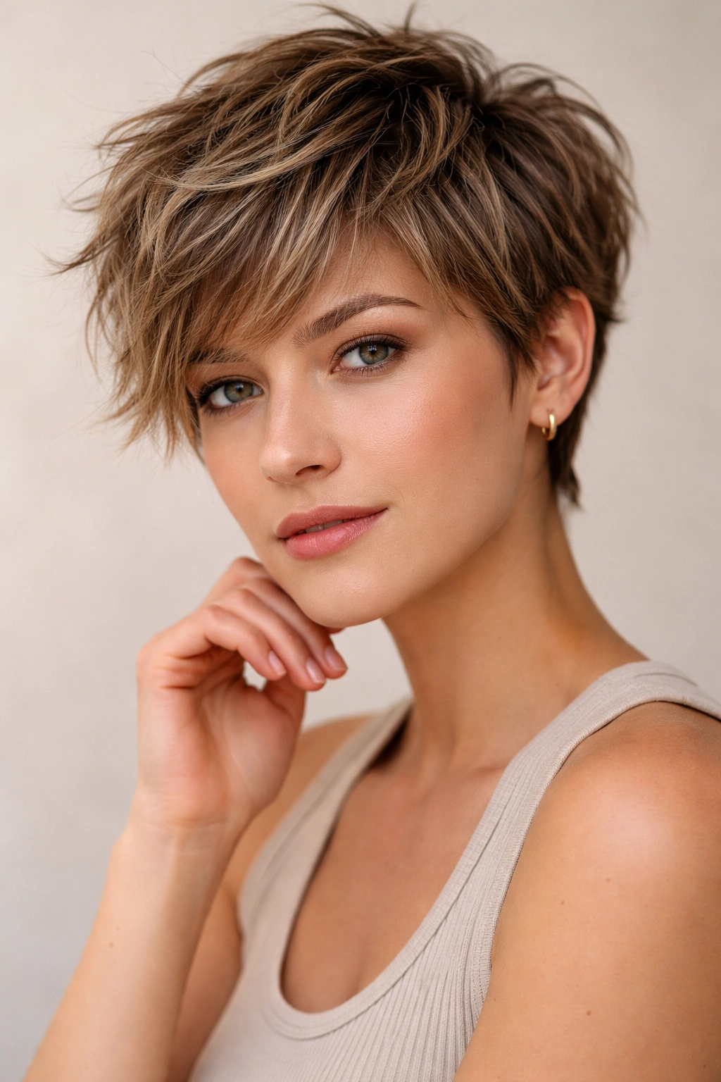 Portrait of a person with a tousled textured pixie showing layered, messy texture
