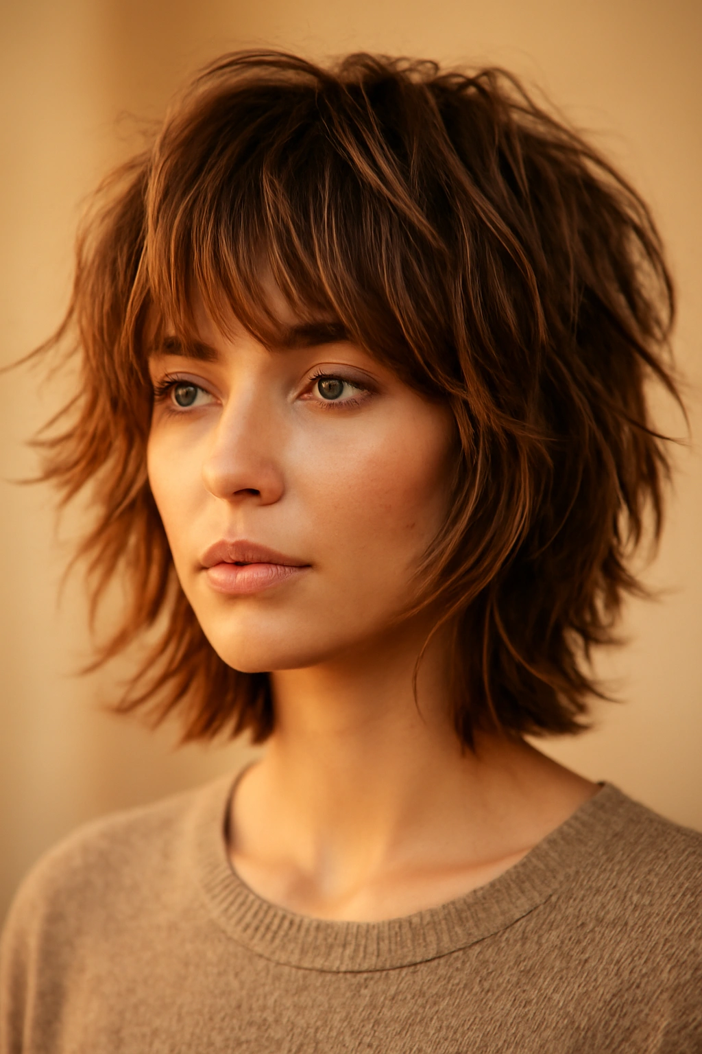 Tousled shag hairstyle with warm caramel tones and movement