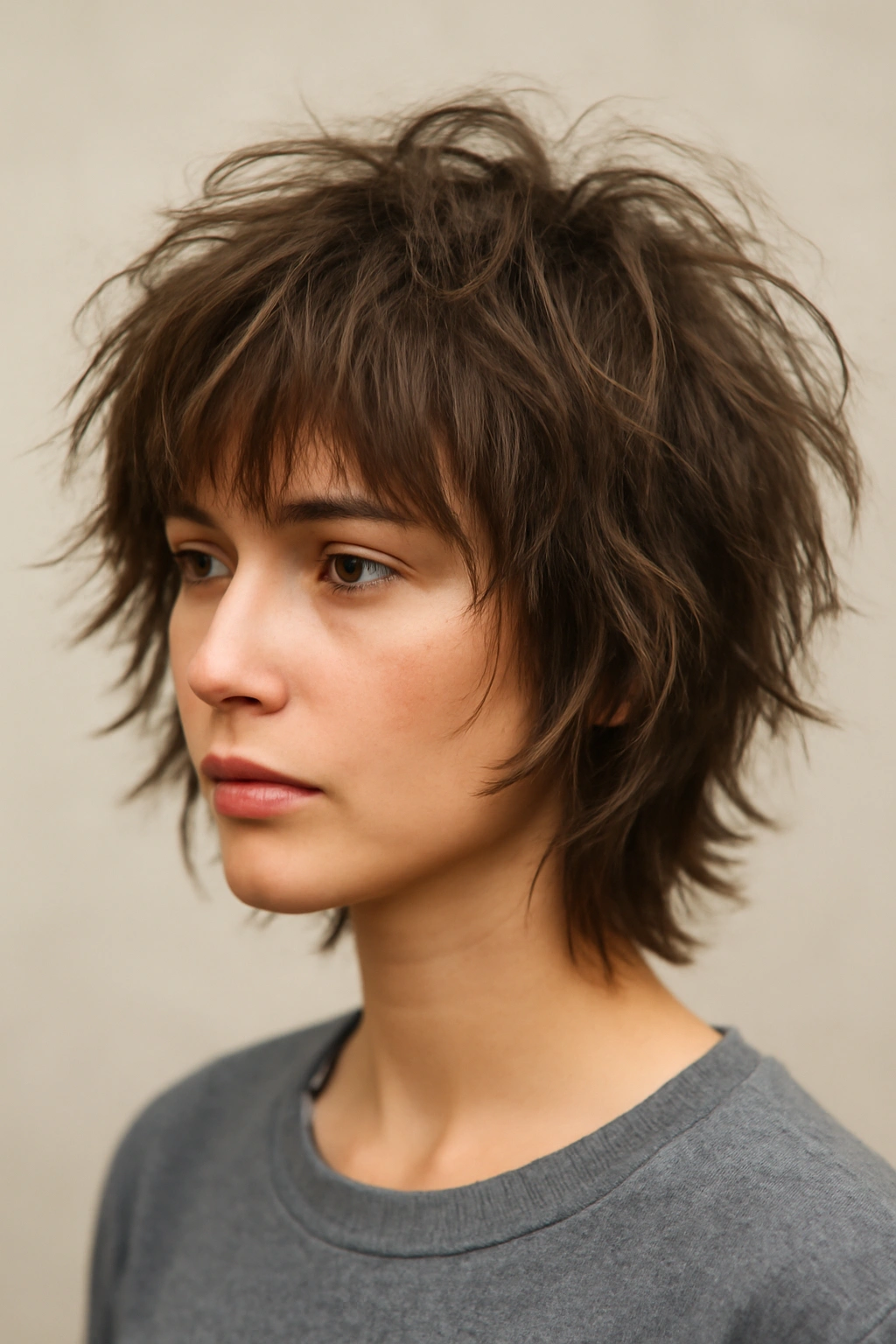 Full head shot of a tousled shag hairstyle with layered texture