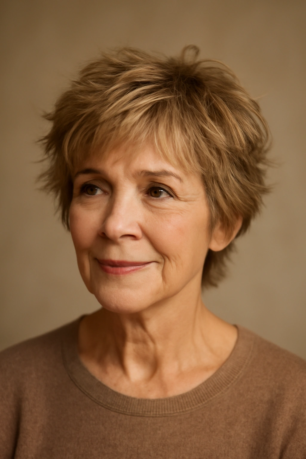 Mature woman with short tousled layers showing textured movement