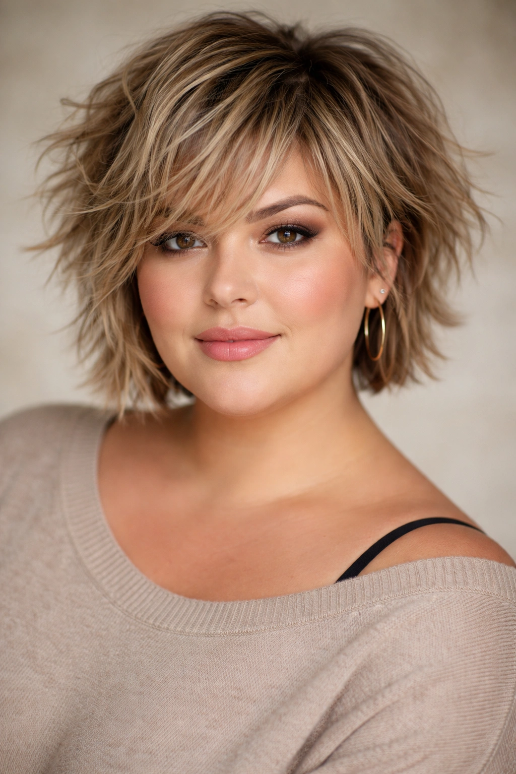 Portrait of a person with tousled short shag and disconnected layers in a studio.