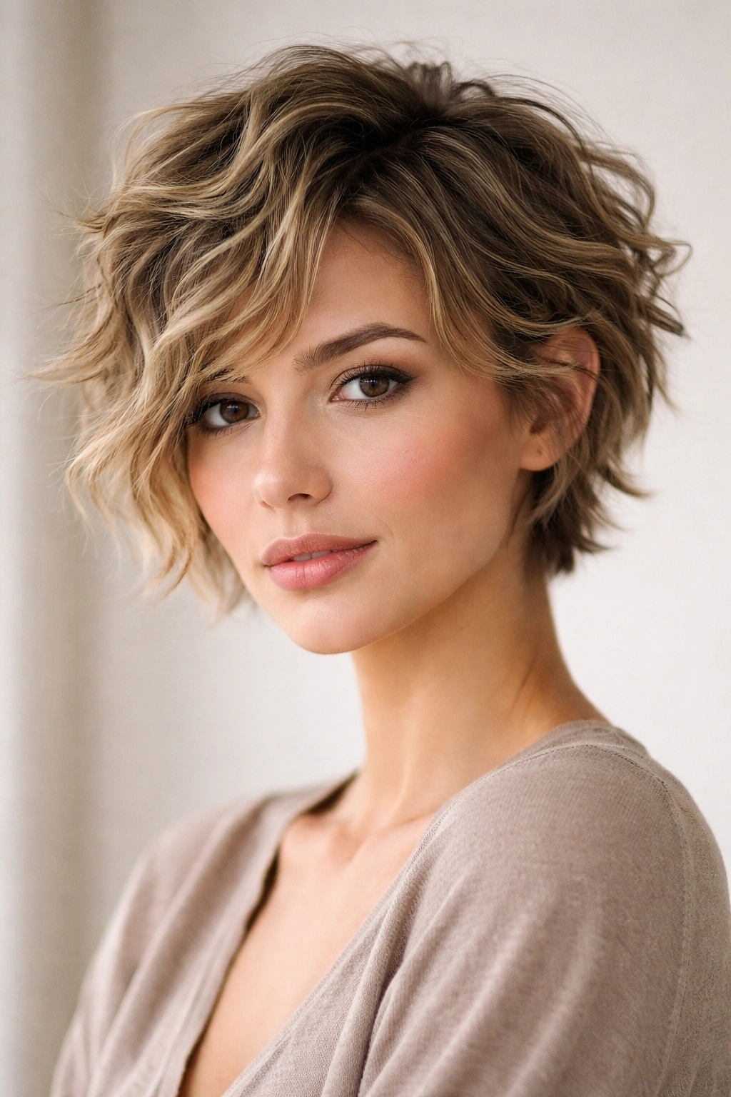 Tousled short waves with layered texture.