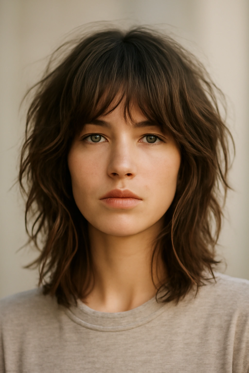 Shoulder-length tousled shag with face-framing layers
