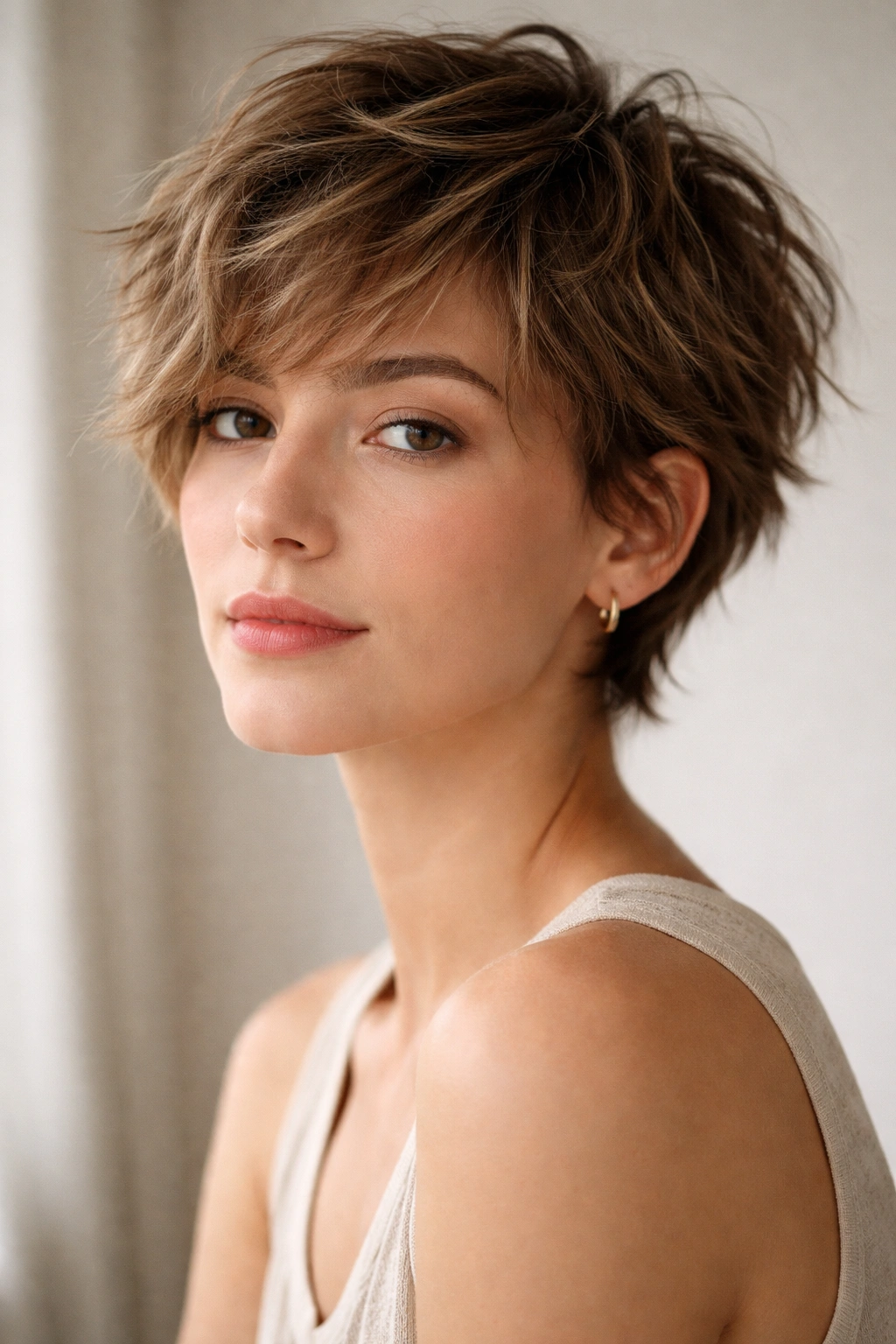 Portrait of a person with a tousled textured crop hairstyle and natural waves