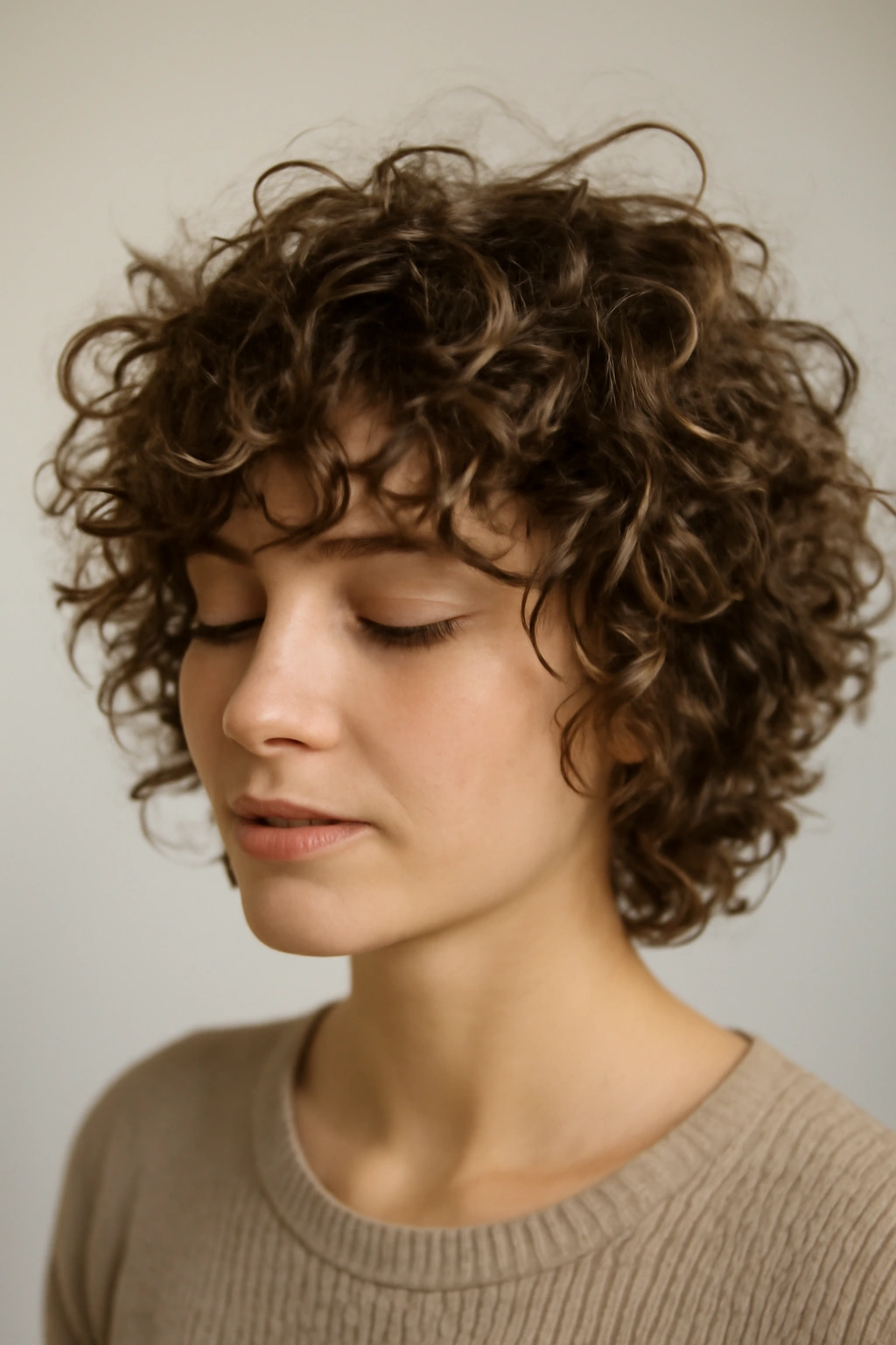 Medium close-up of tousled textured curls powered by mousse