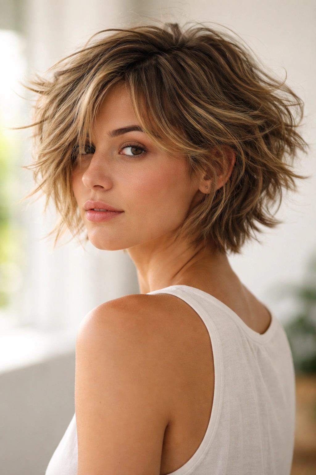 Short to medium textured cut with natural tousled waves and layers