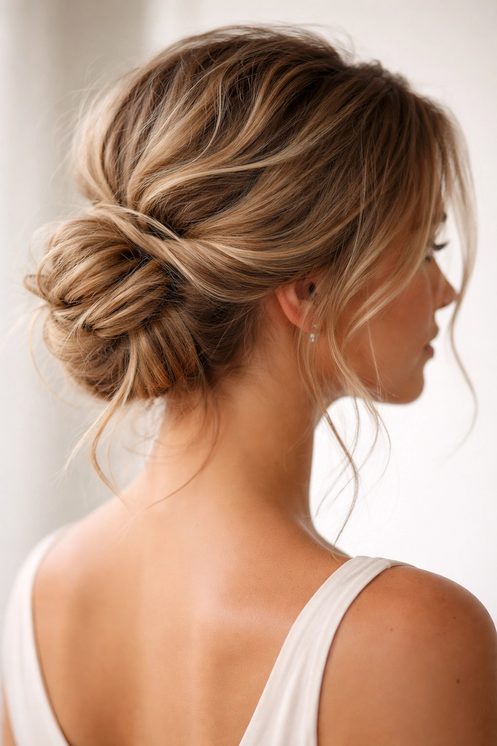 Close-up of a textured tousled updo with loose strands and a low-nape twist