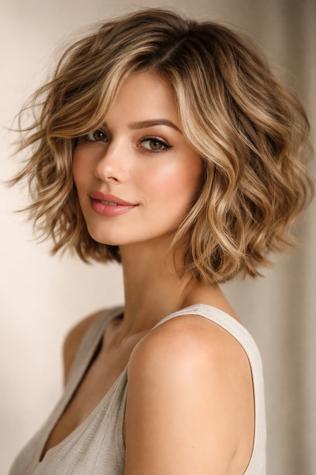 Model with tousled waves and choppy layers in a short hairstyle on an oval face.