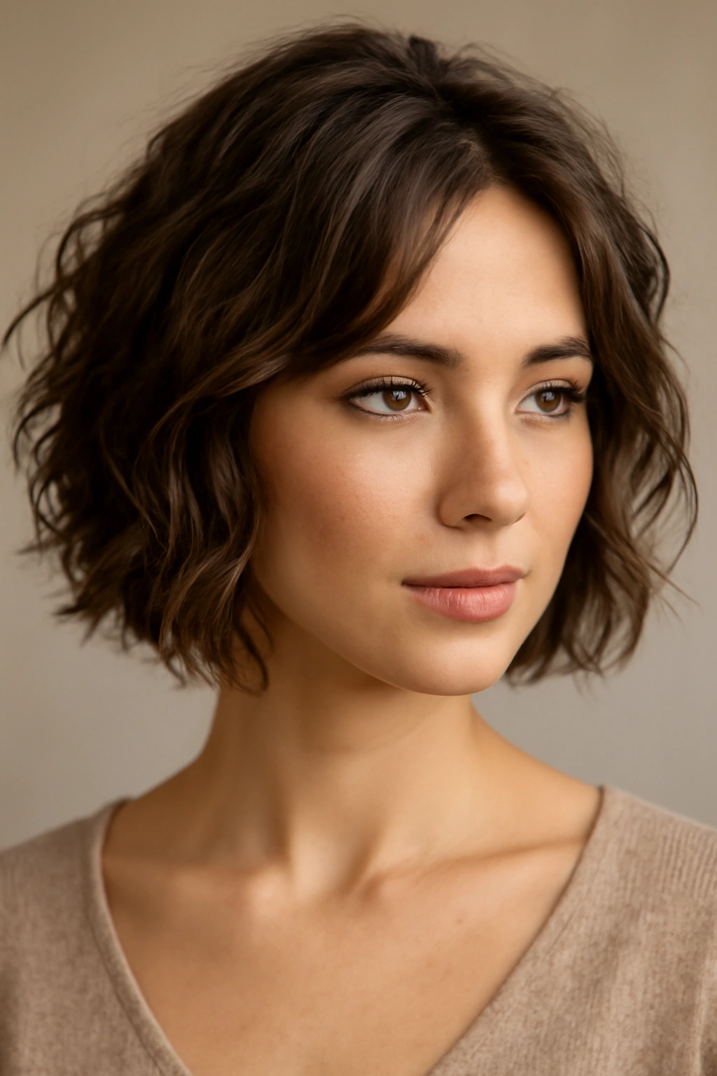 Tousled waves on short hair with face-framing pieces