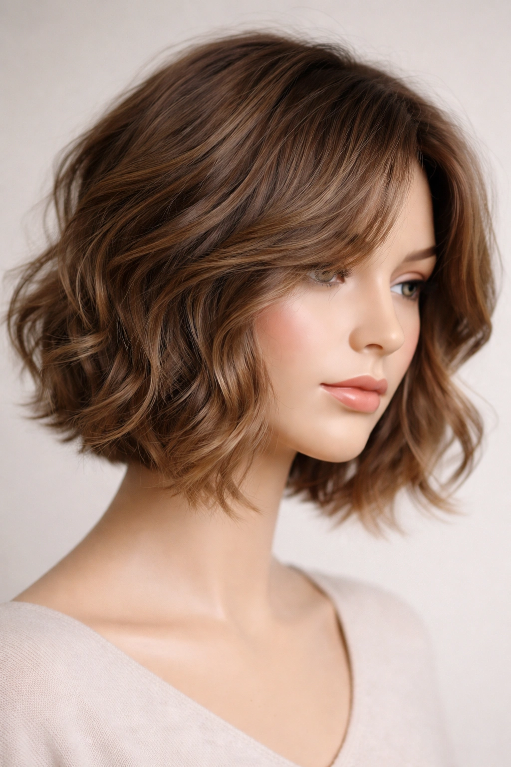 Tousled chin-length waves with face-framing layers on a mannequin