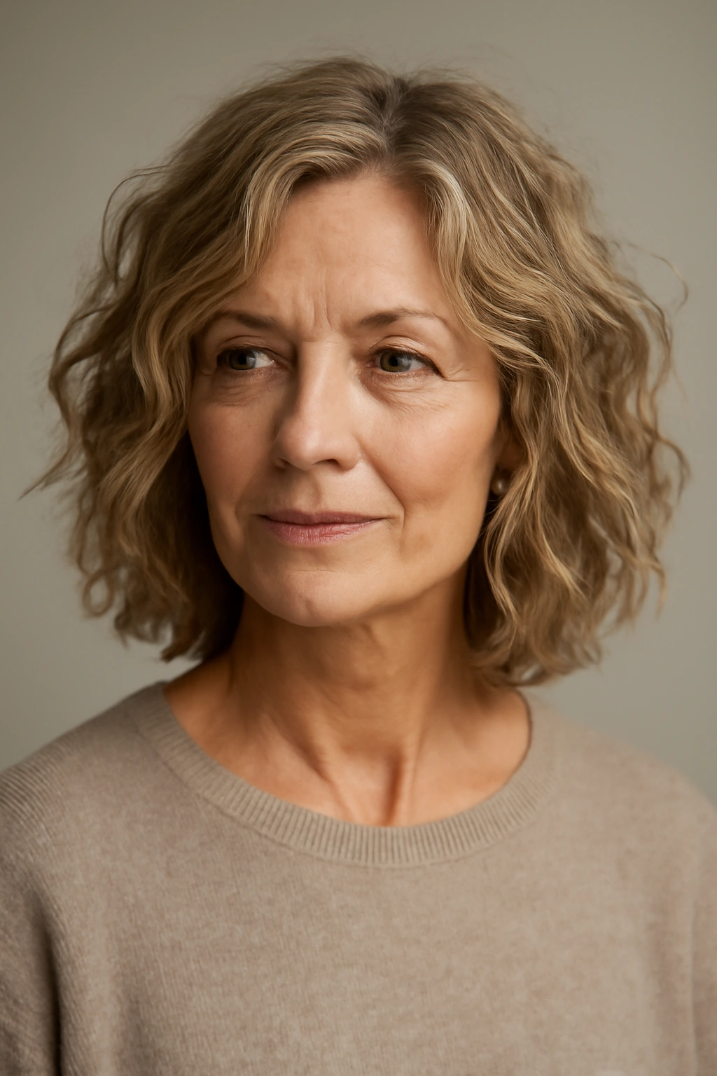 Close-up portrait of a mature woman with tousled waves and natural texture