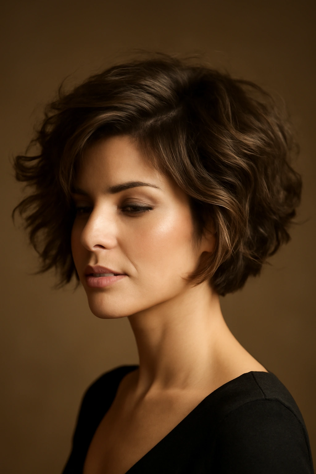 Tousled waves with volume on short hair, showing movement