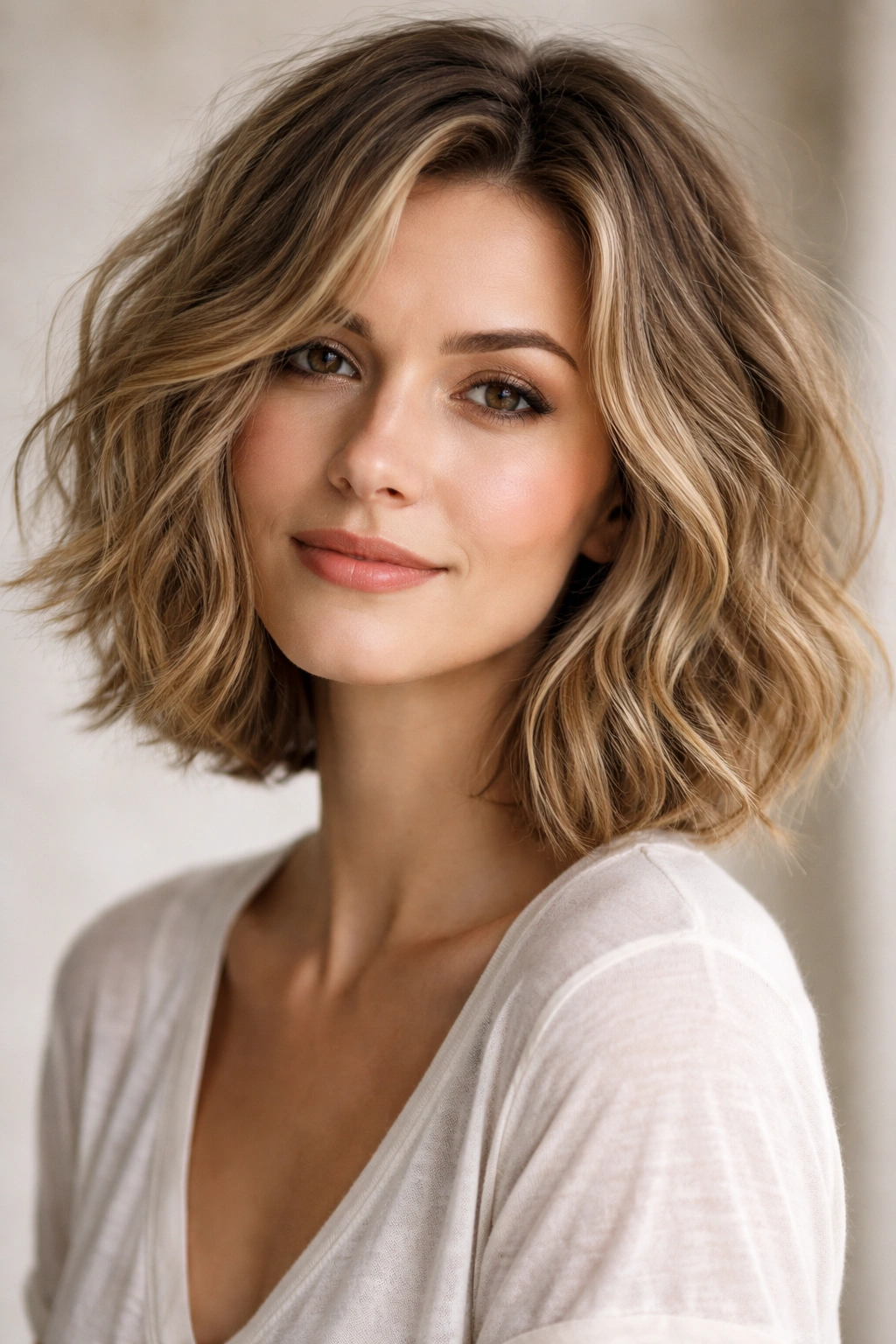 Close-up portrait of a person with a tousled wavy bob showing natural texture
