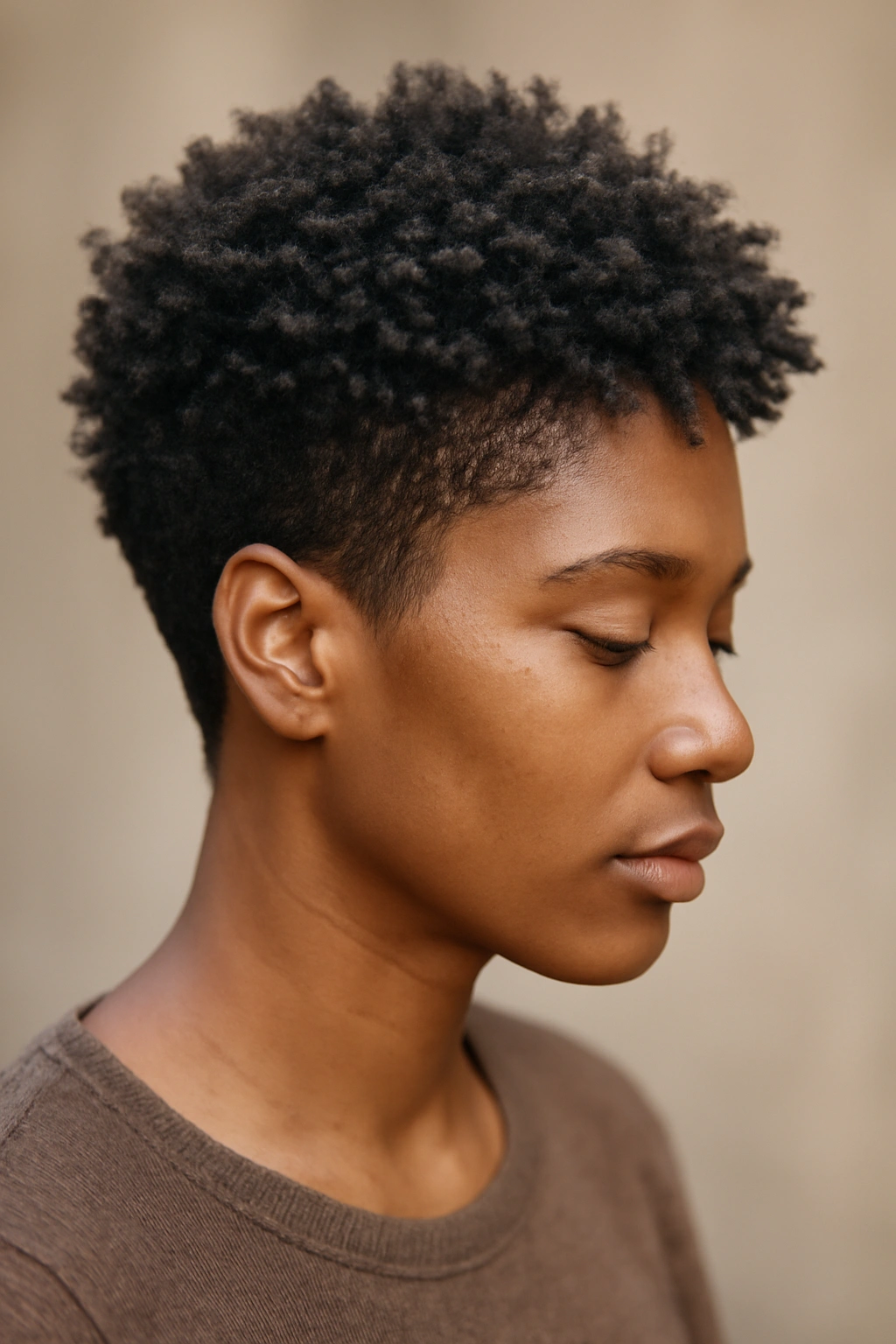 Close-up of a Black woman with a textured transition cut showing layered natural texture.