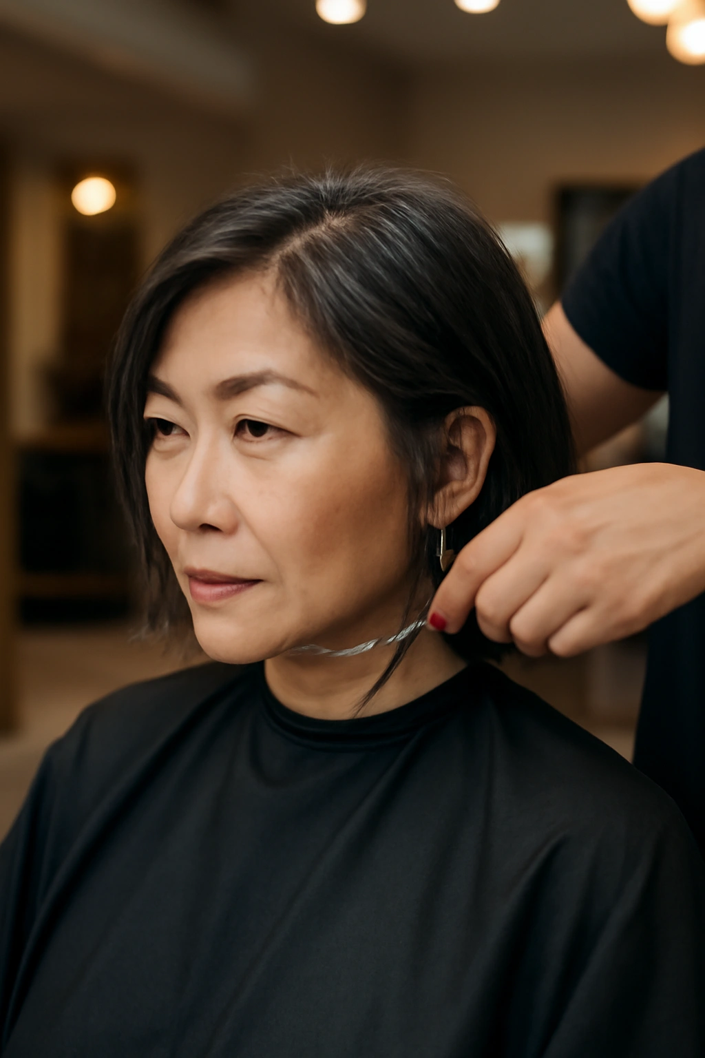 Client undergoing haircut transition from long to short with stylist cutting hair