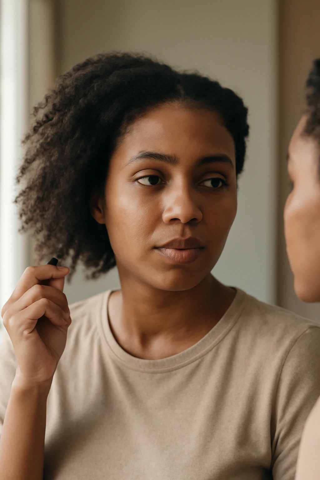 Person with short hair looking into a mirror during the transition to a shorter cut