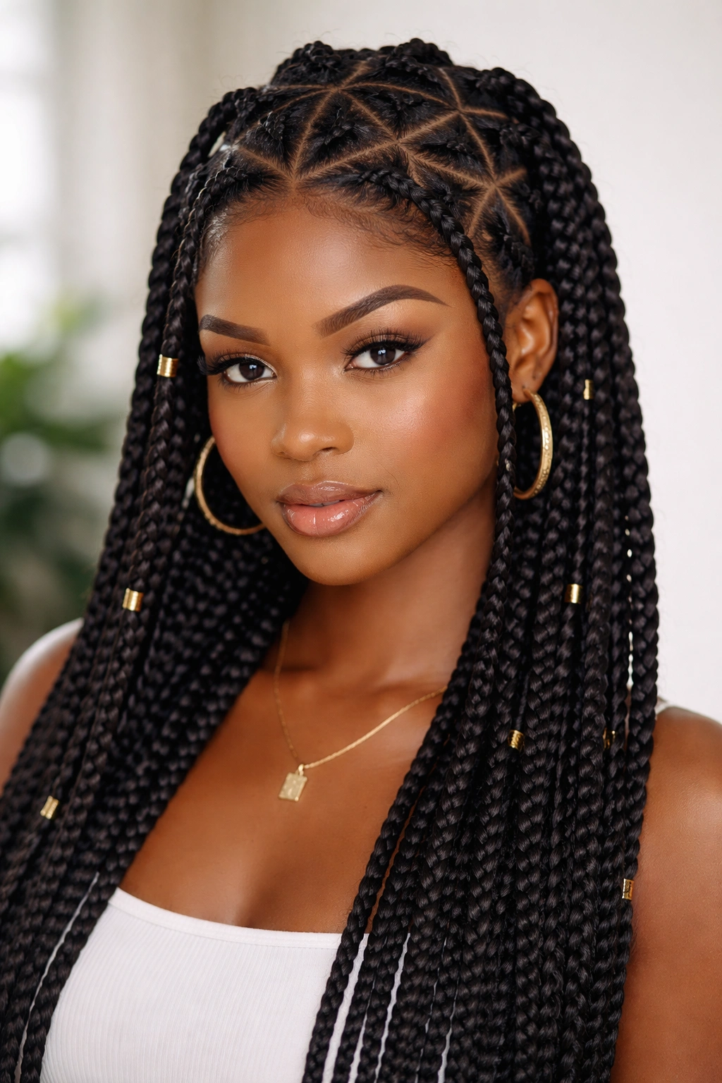 Triangle-part braids across scalp forming geometric triangles