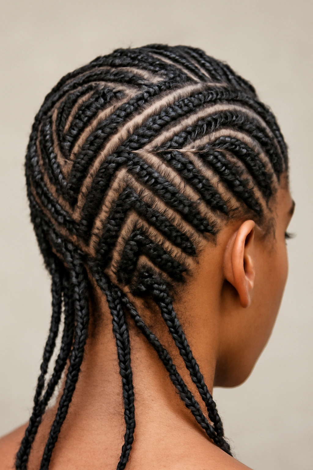 Scalp-focused image of tribal braids in bold geometric placement.