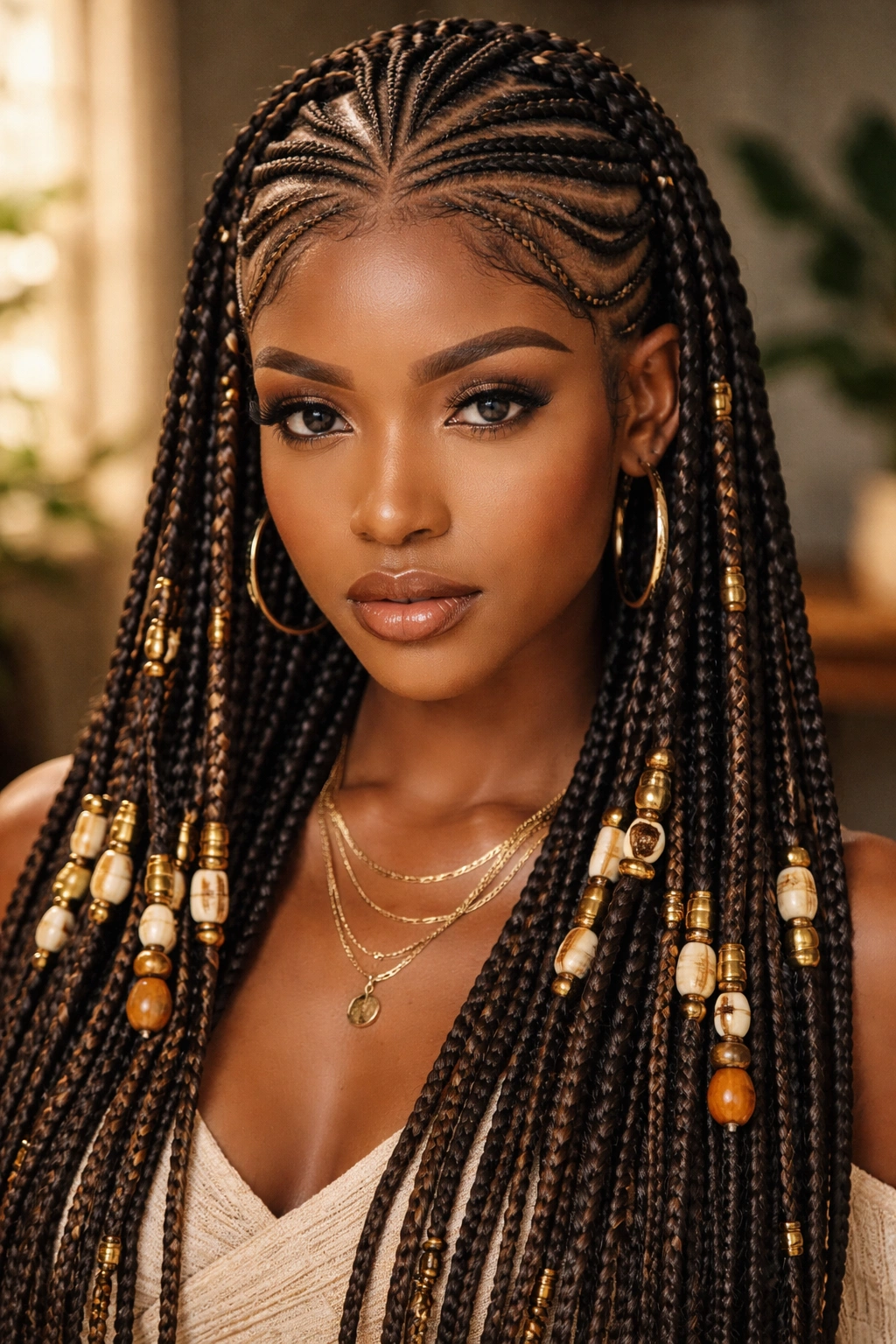 Geometric tribal braids with bead embellishments across the scalp