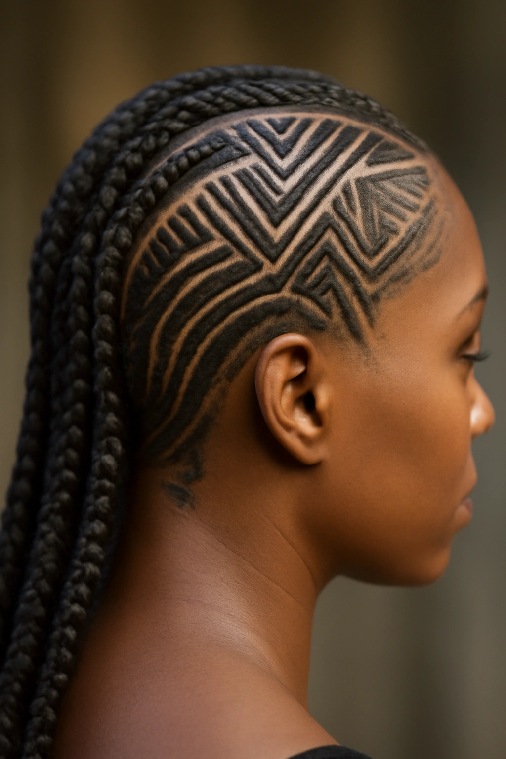 Intricate tribal-inspired line details across scalp