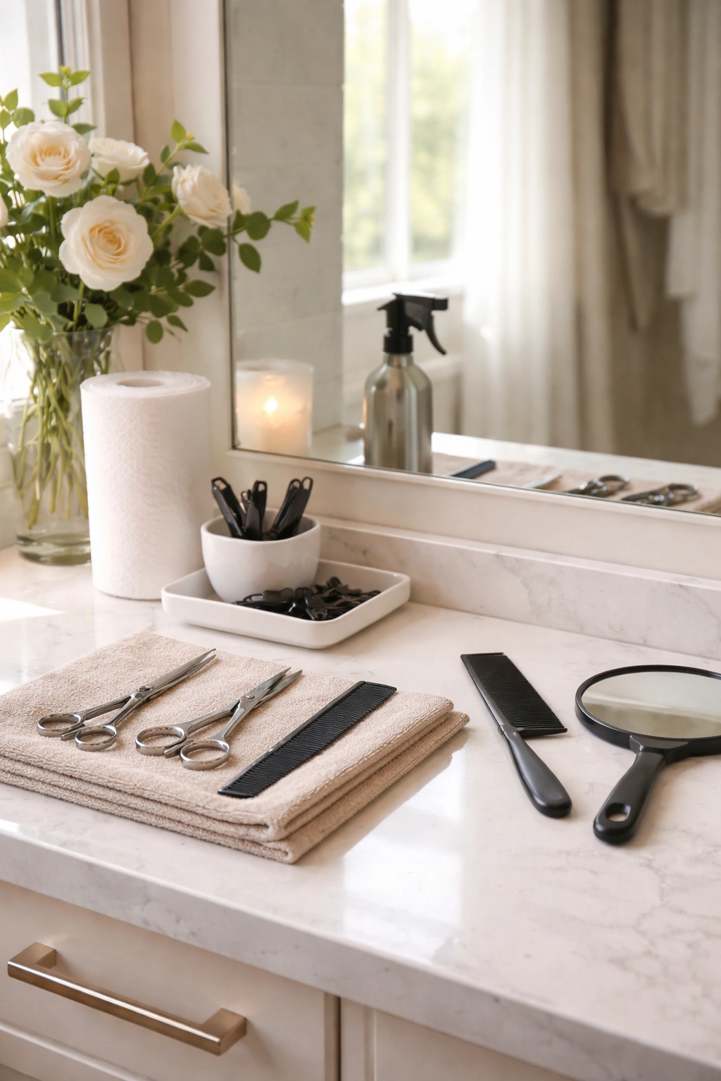 Bright, organized trimming space with essential hair tools within reach