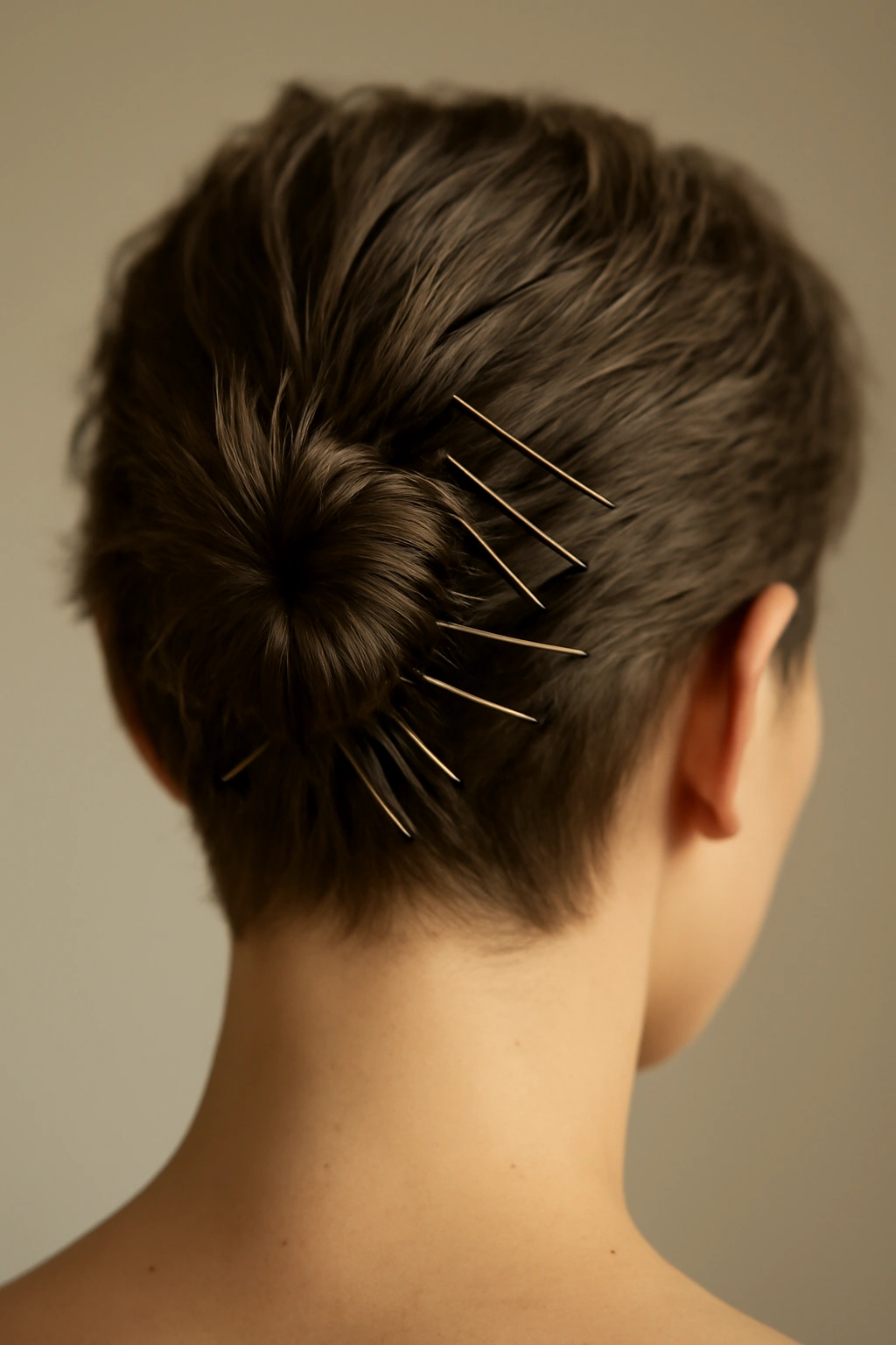 Close-up of pinned bun on very short hair with multiple Bobby pins visible