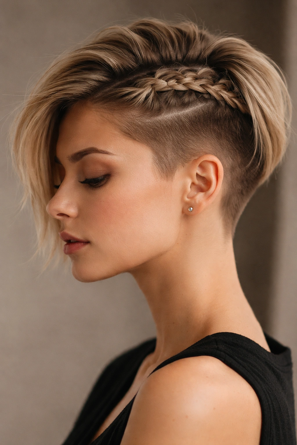 Side profile of a pixie cut with a tucked-under braid revealing undercut.