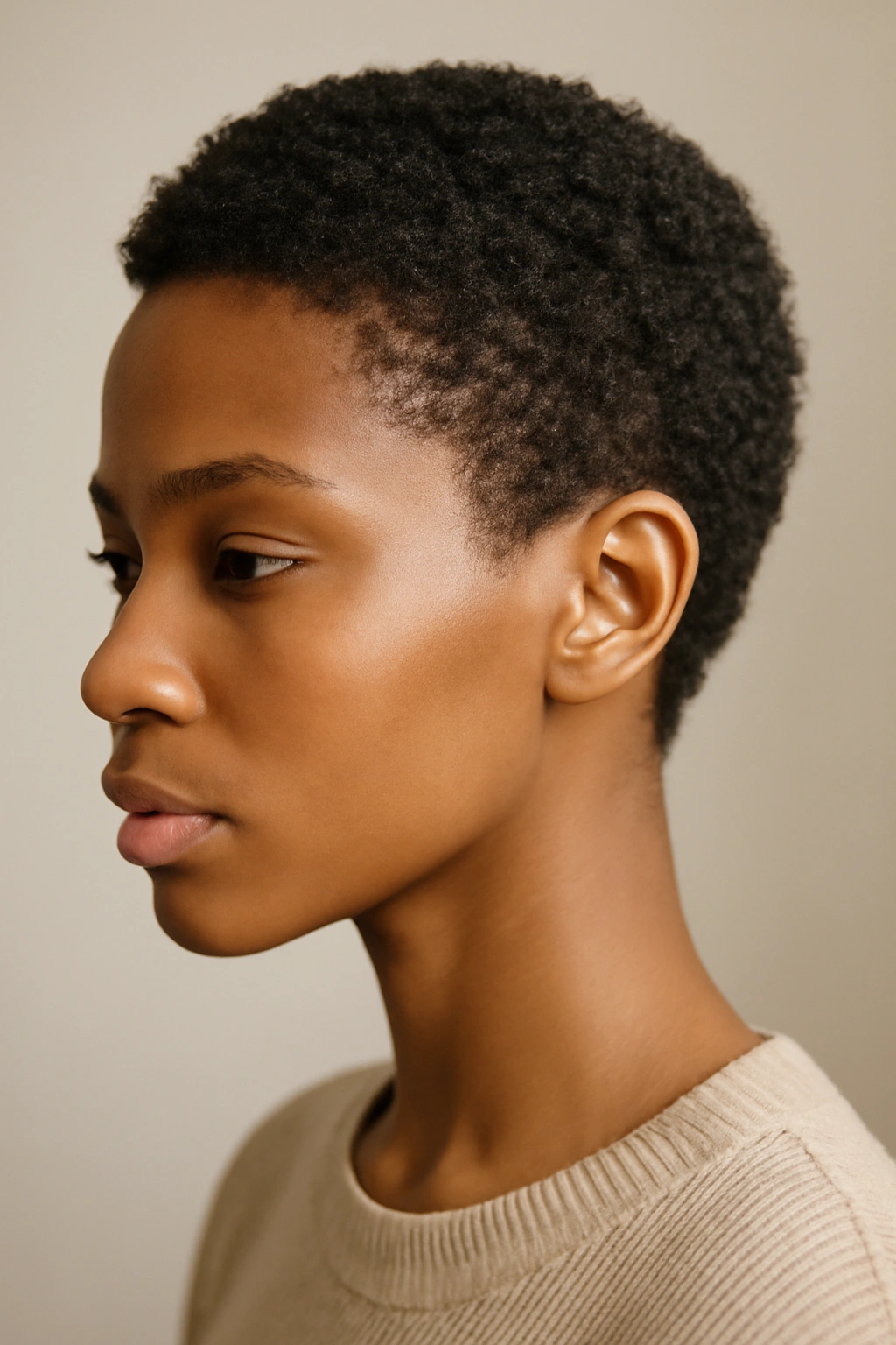 Portrait of a Black woman with a tiny feathery TWA Afro