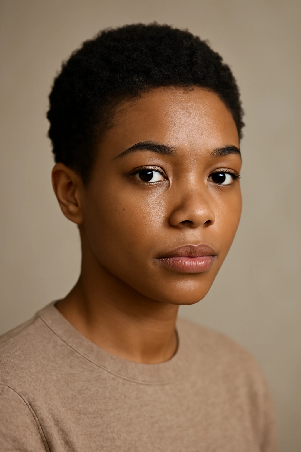 Portrait of uniform short curly hair forming a rounded silhouette