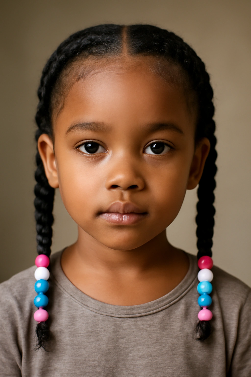 Two symmetrical braids with matching beads on either side of the head.