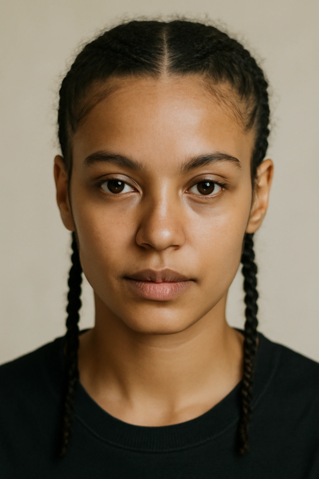 Twin cornrows framing the face with top hair left natural