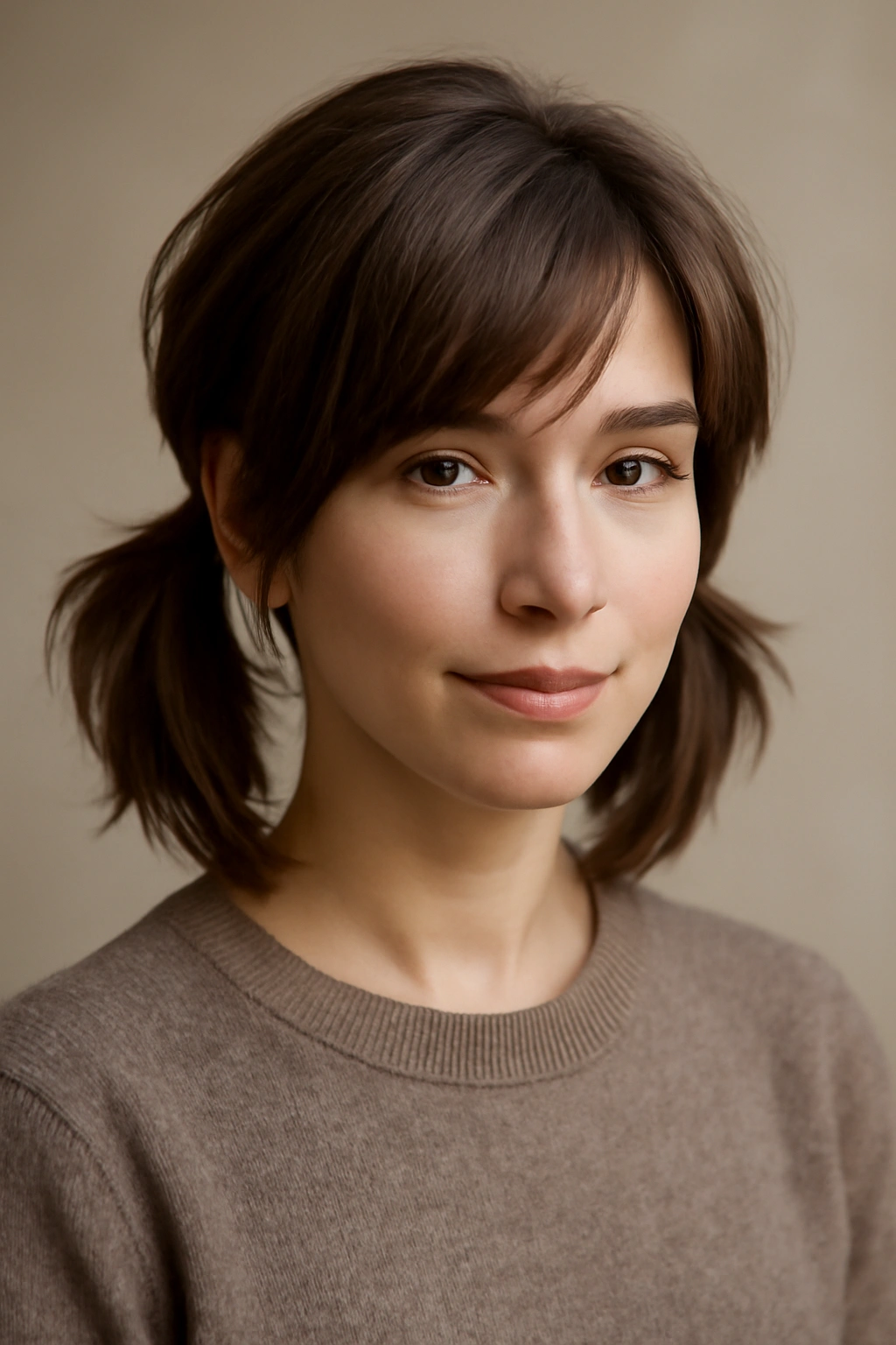 Head-and-shoulders portrait of a versatile twin-tail-inspired short cut with layered movement