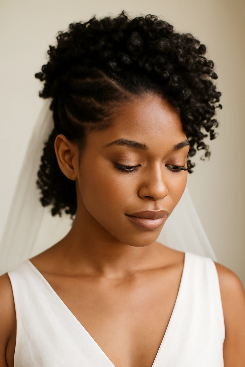 Close-up of Twist and Coils Half-Up Style on short natural hair with twists and crown coils.