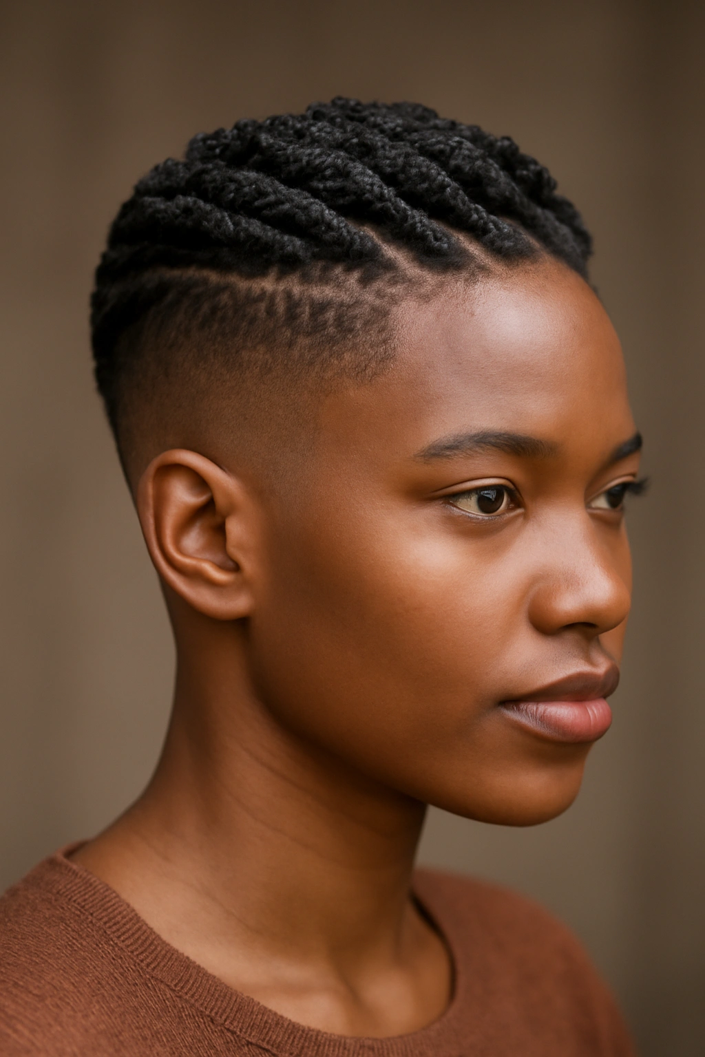 Close-up of crown twists with fade sides on a head