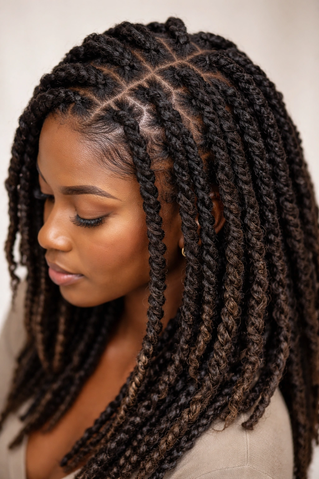 Close-up of twist and lock hybrid hairstyle with twists transitioning into locks.