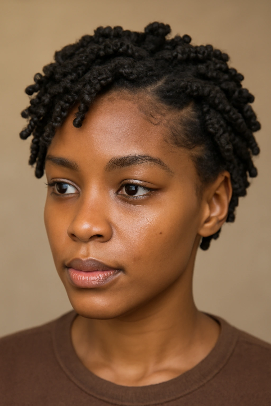 Close-up of short 4C hair with a two-strand twist-out and shaped edges