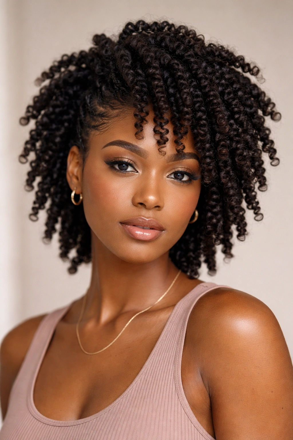 Close-up of twist-out curls with defined segments and layered top