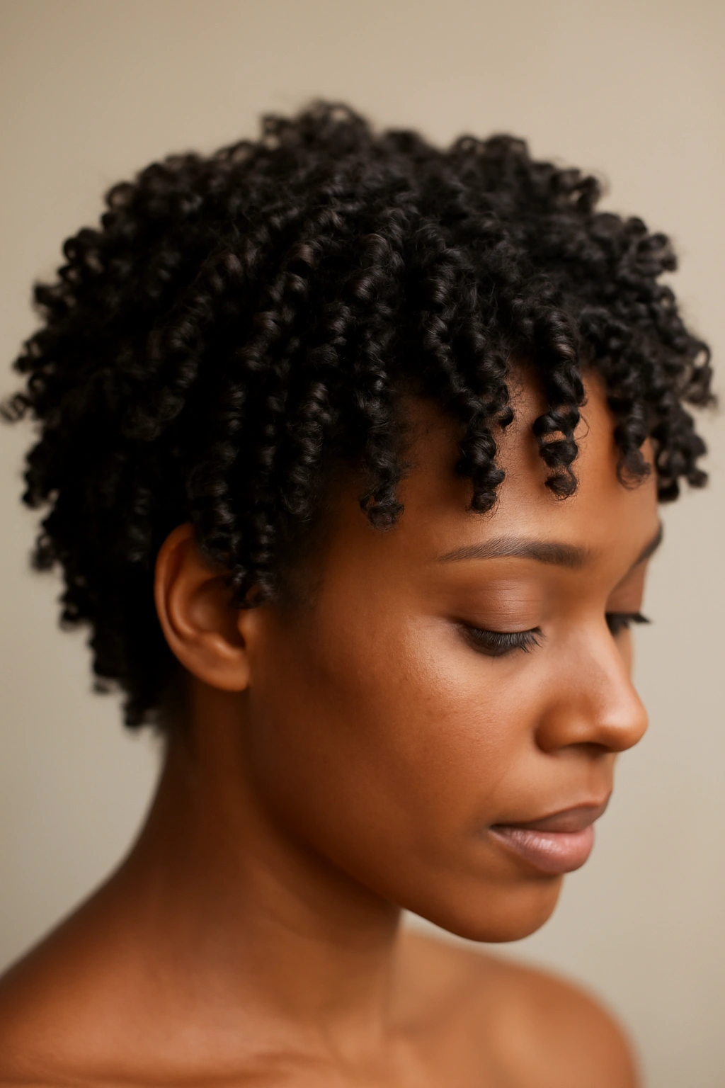 Close-up of short natural hair with defined twist-out curls