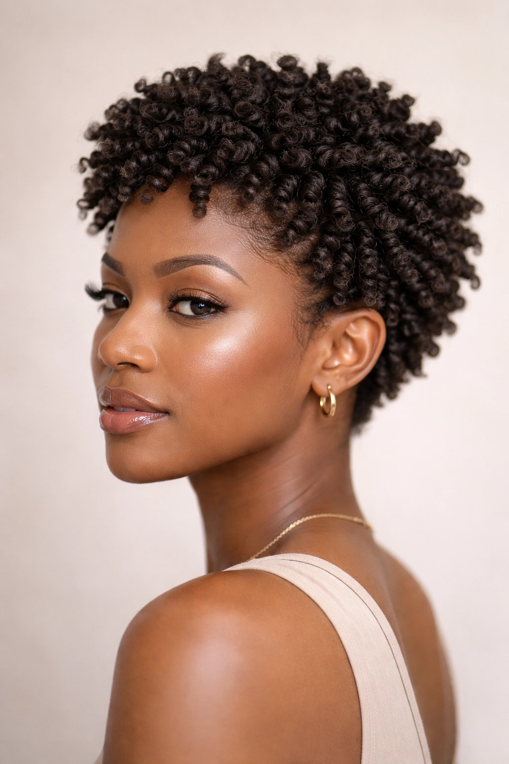 Portrait of short hair with defined twist-out curls